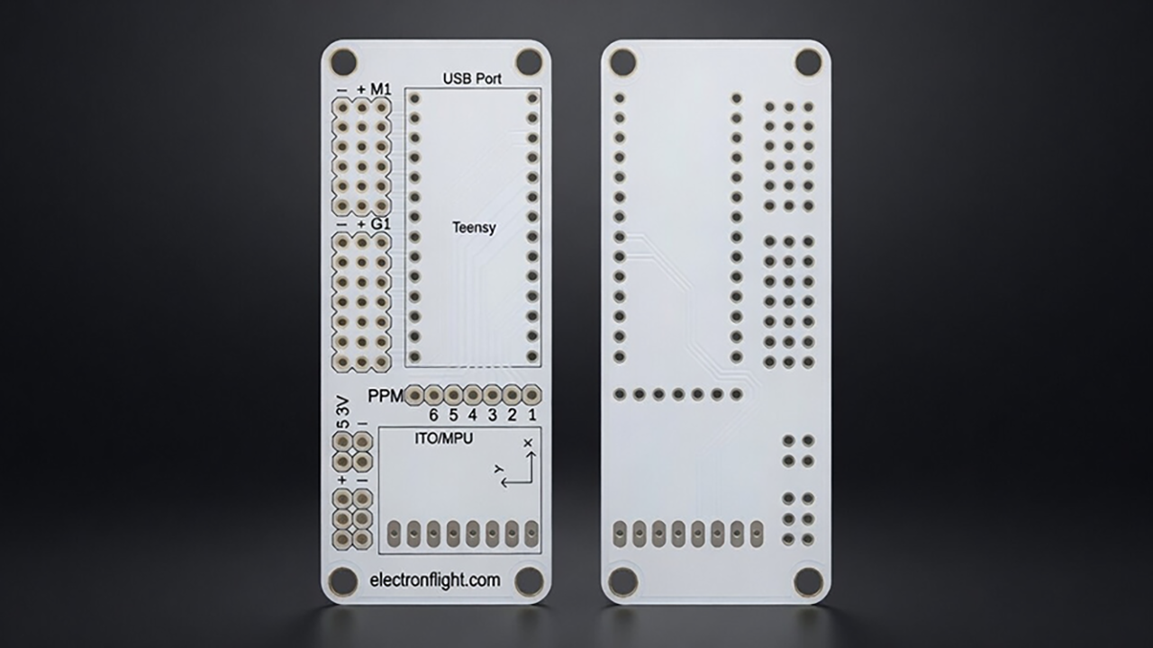 Front and back views of our flight controller PCB, designed for dRehmflight...